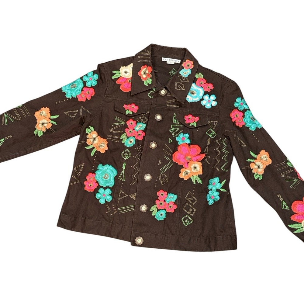 Floral Embroidered Jacket Brown Boho Artsy Cotton‎ Buttons Womens Size Large